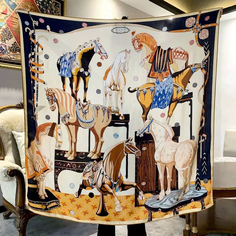Bufanda con estampado de caballo de lujo para mujer, chales grandes, Poncho, bordes enrollados a mano, Pashmina estola, accesorios de invierno,