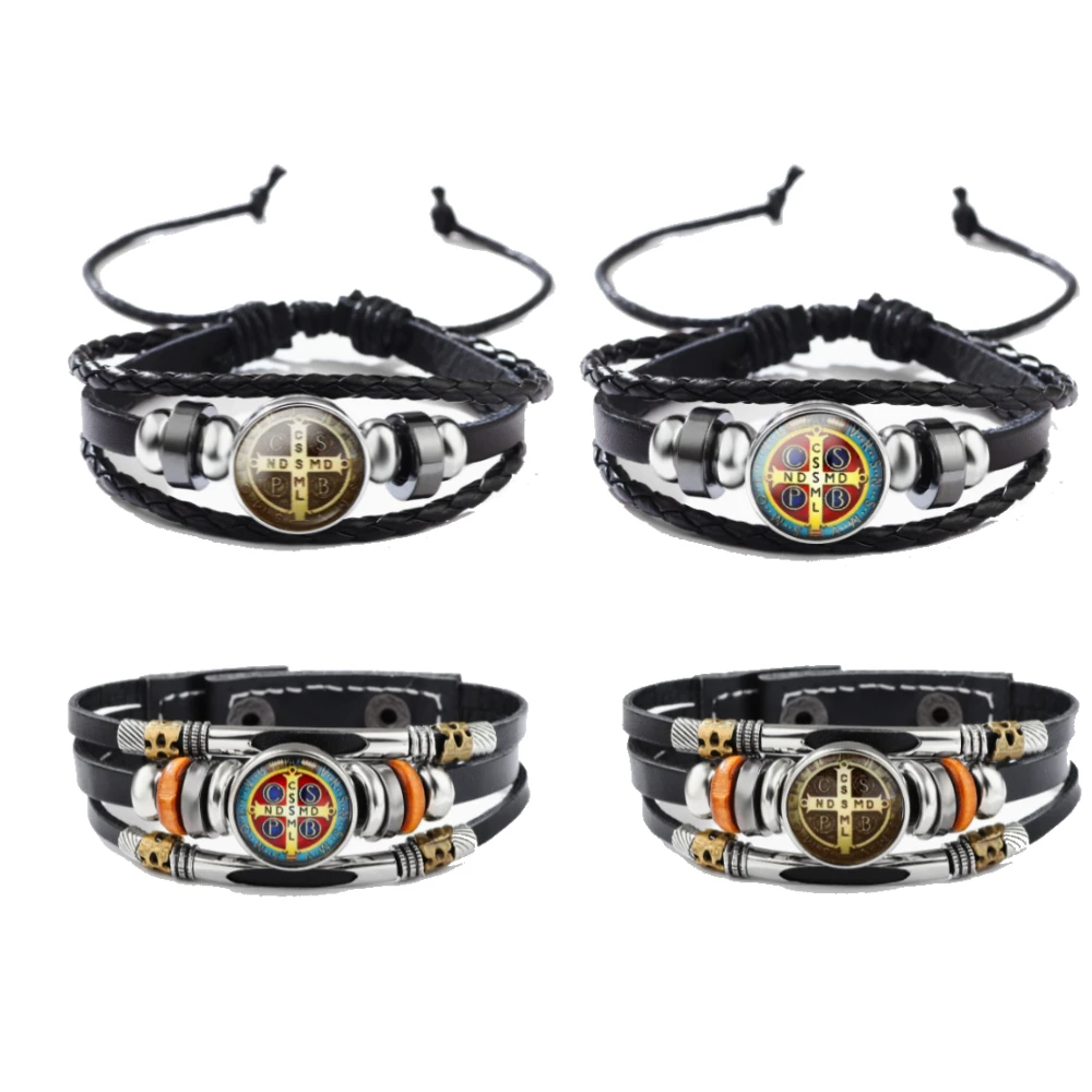  ﻿ Saint Benedict Medal Leather Bracelet Catholic San Benito Glass Dome Snap Buttons Punk Bracelet Leather Adjustable Bangles