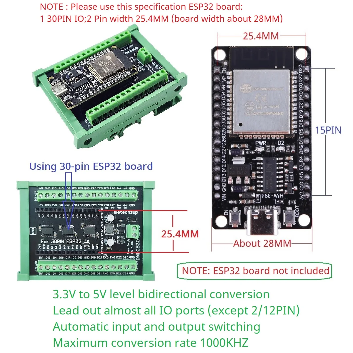 ESP32 30P DIN Rail Adapter, 3.3V to 5V Bidirectional Logic Level Shifter for Industrial PLC, 1MHz High Speed Level Converter - view 4