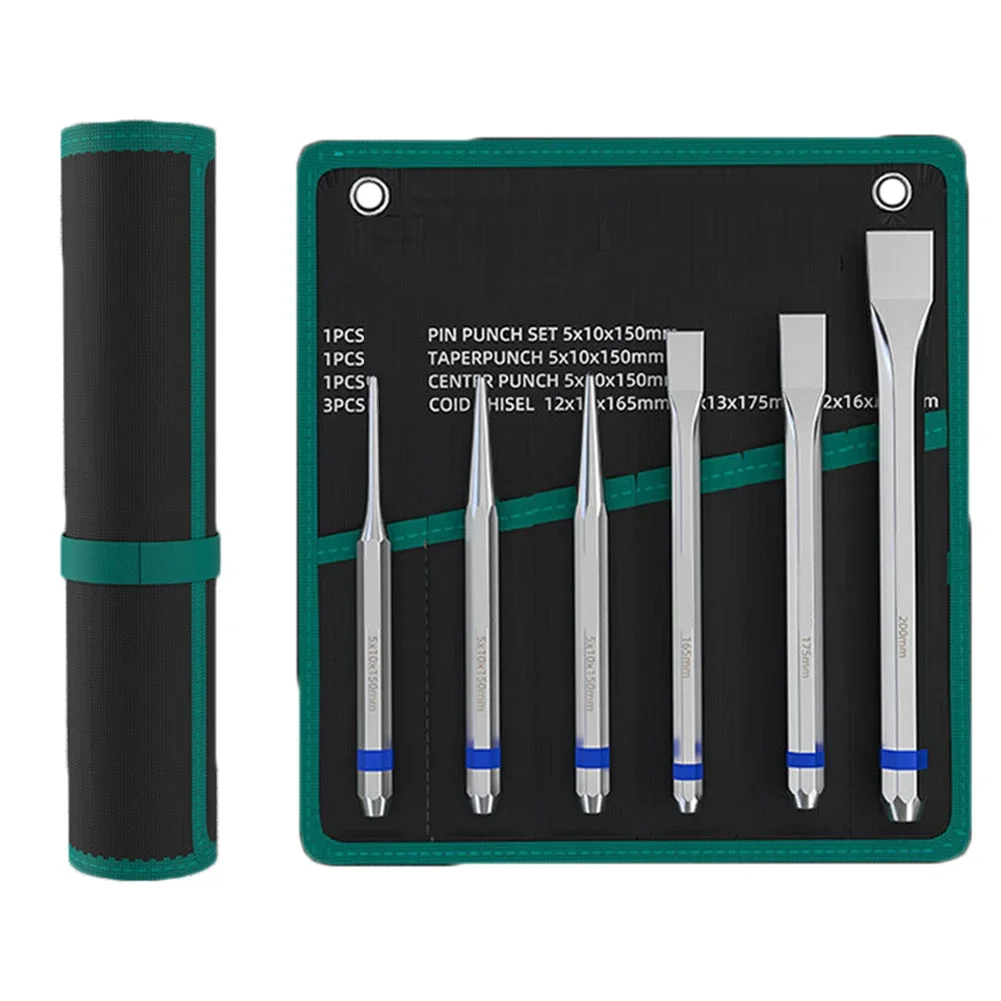 

6PCS Alloy Steel Pin Punch Tool Set Flat Roll Heavy Duty Chisel Cone Punch for Precision Watch Repair and Maintenance