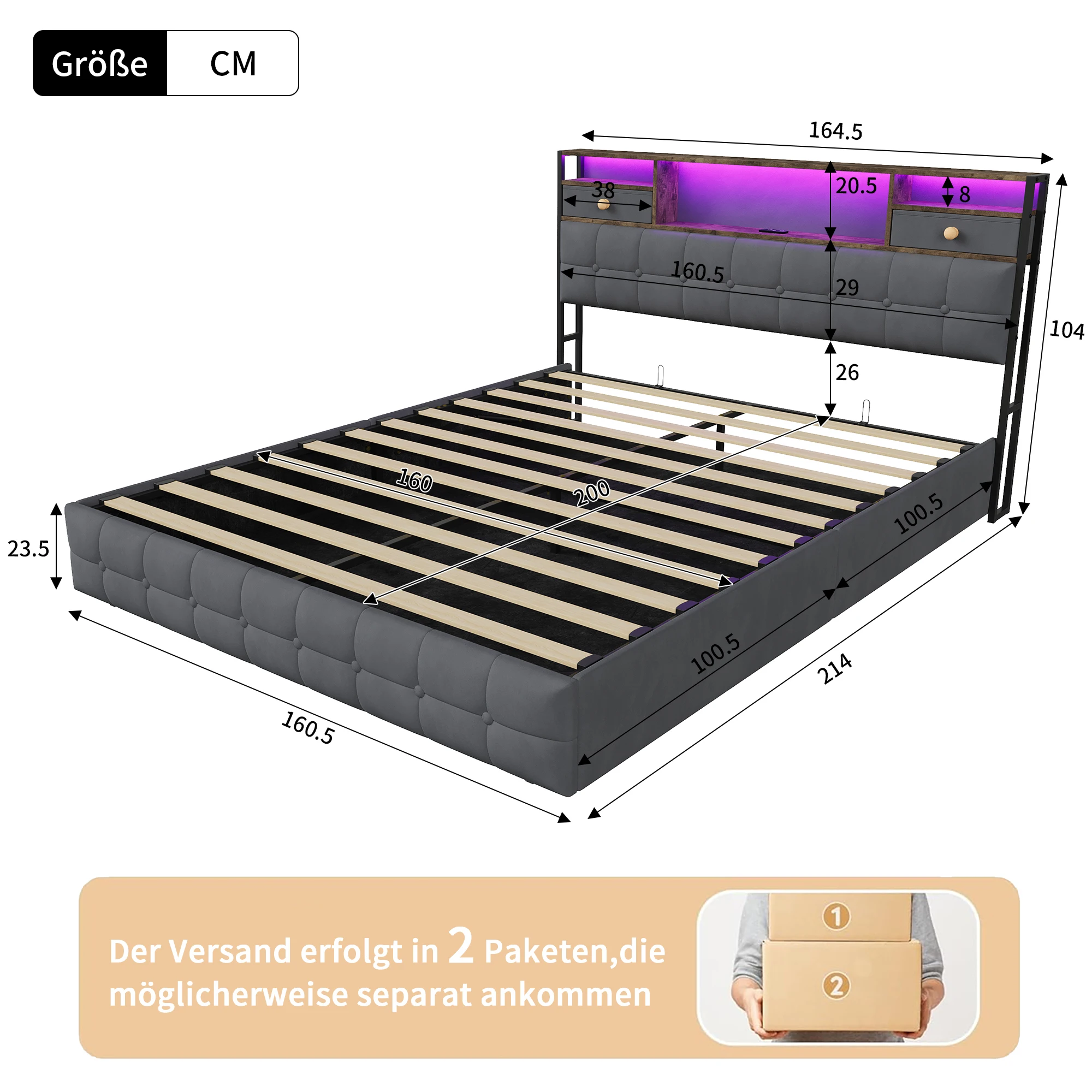 Rosahqnda Volwassen tweepersoonsbed 140/160x200 cm met LED-hoofdeinde, hydraulisch opklapbed met 2 hoofdeinde-laden, gestoffeerd bedframe, fluweel, beige/grijs, zonder matras