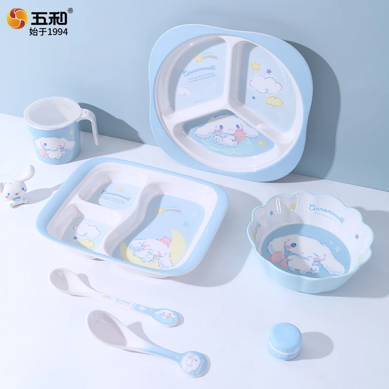 

For Sanrio Tableware Anti Scald Bowl Saucer Cup Spoon Cute Cinnamoroll Divider Plate Complementary Food Eating Plate for Baby
