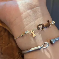 Stainless Steel Dachshund Sausage Dog Charm Bracelet Beaded Chain For Women Pet Lover Jewelry ﻿