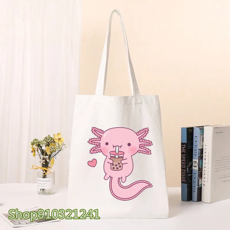 Cute Axolotl Tote Bag Chubby Axolotl Shoulder Bag Student Book Bag Girl Storage Bag Handbag Woman Large Capacity Shopping Bag