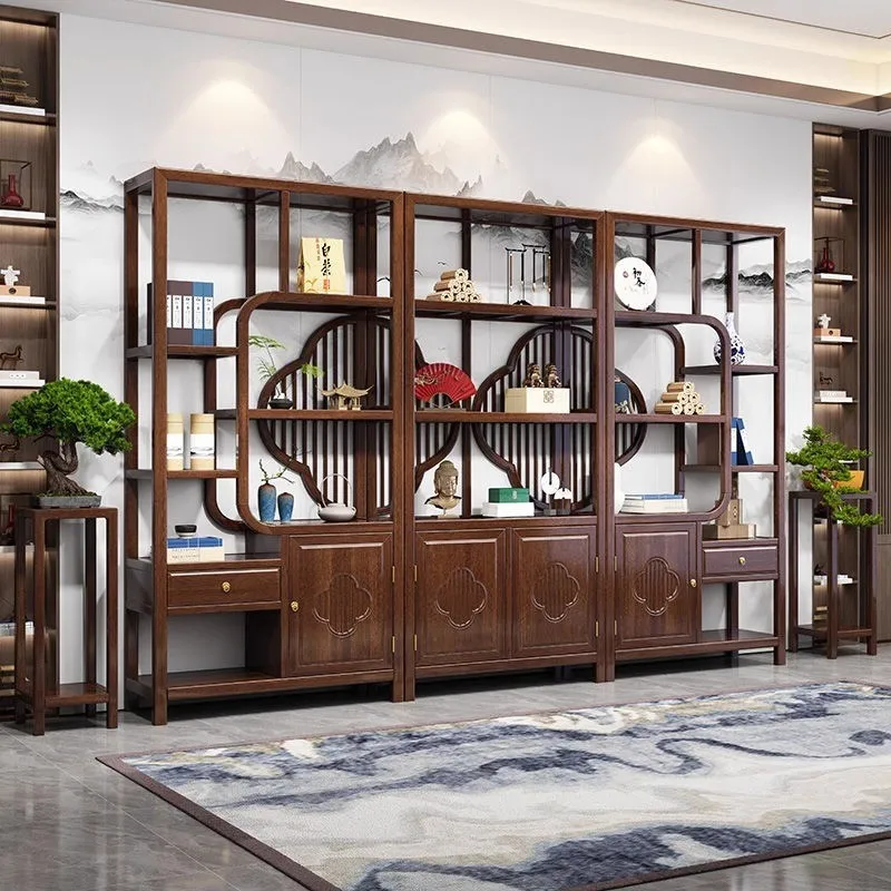 HYS new Chinese-style living room Bogu frame against the wall Floor-to-ceiling porch shelf strip case edge plant frame Solid