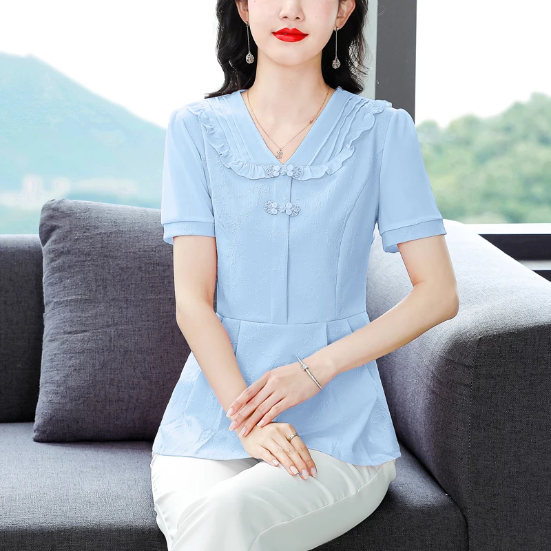 Women Ruffled Chinese Style Elegant Blouse Fashion Sweet Short Sleeve V Neck Shirt Casual Solid Slim Chic Tops Blusas Para Mujer