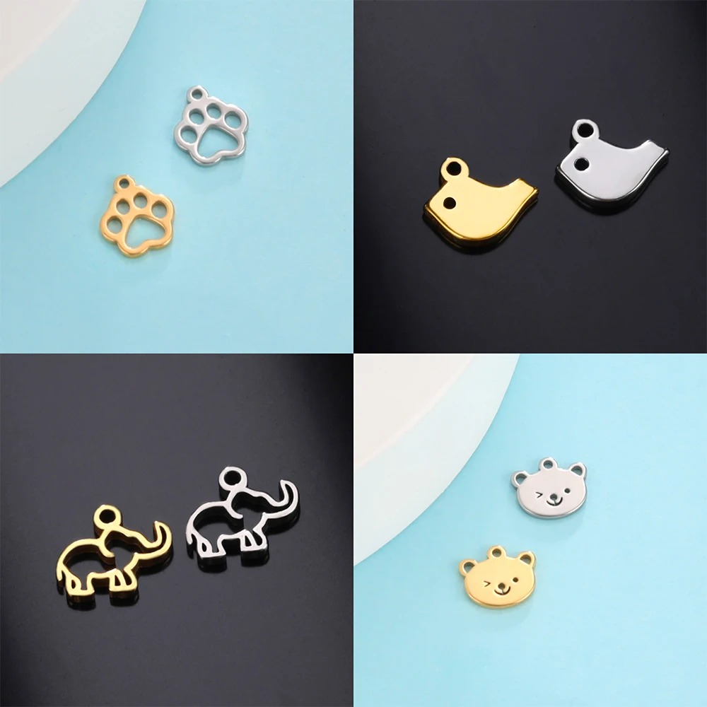 EUEAVAN 5pcs Animal Charm Stainless Steel Charms for Jewelry Making Dog Paw Bear Fish Clover Pendant Bracelets DIY Accessories