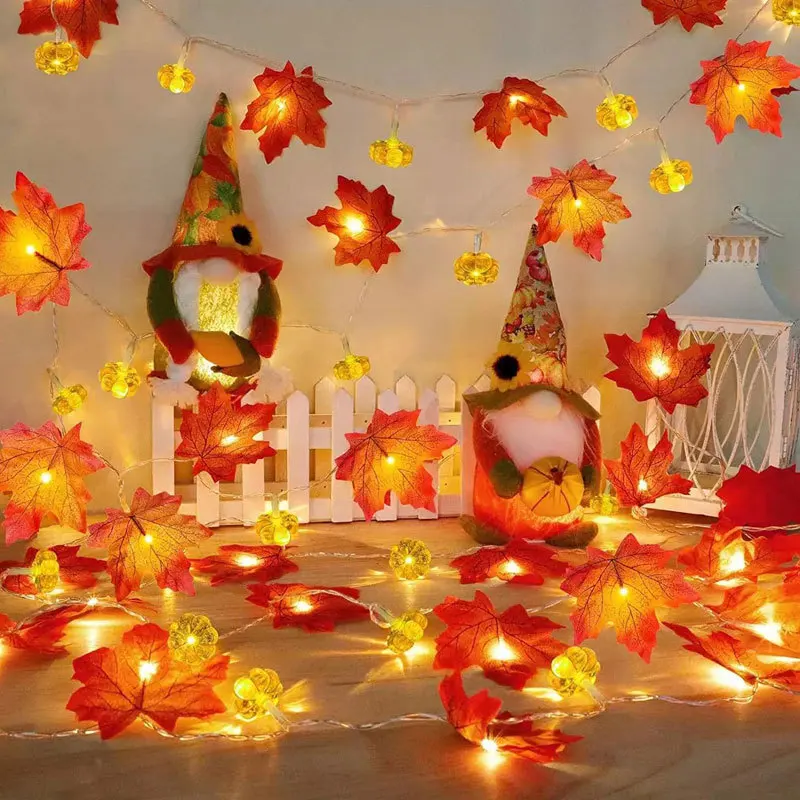 Maple Leaf Pumpkin String Lanterna, Festival Atmosfera Lâmpada Decorativa, Bateria Envolvido Linha Lâmpada, Home Halloween e Pátio