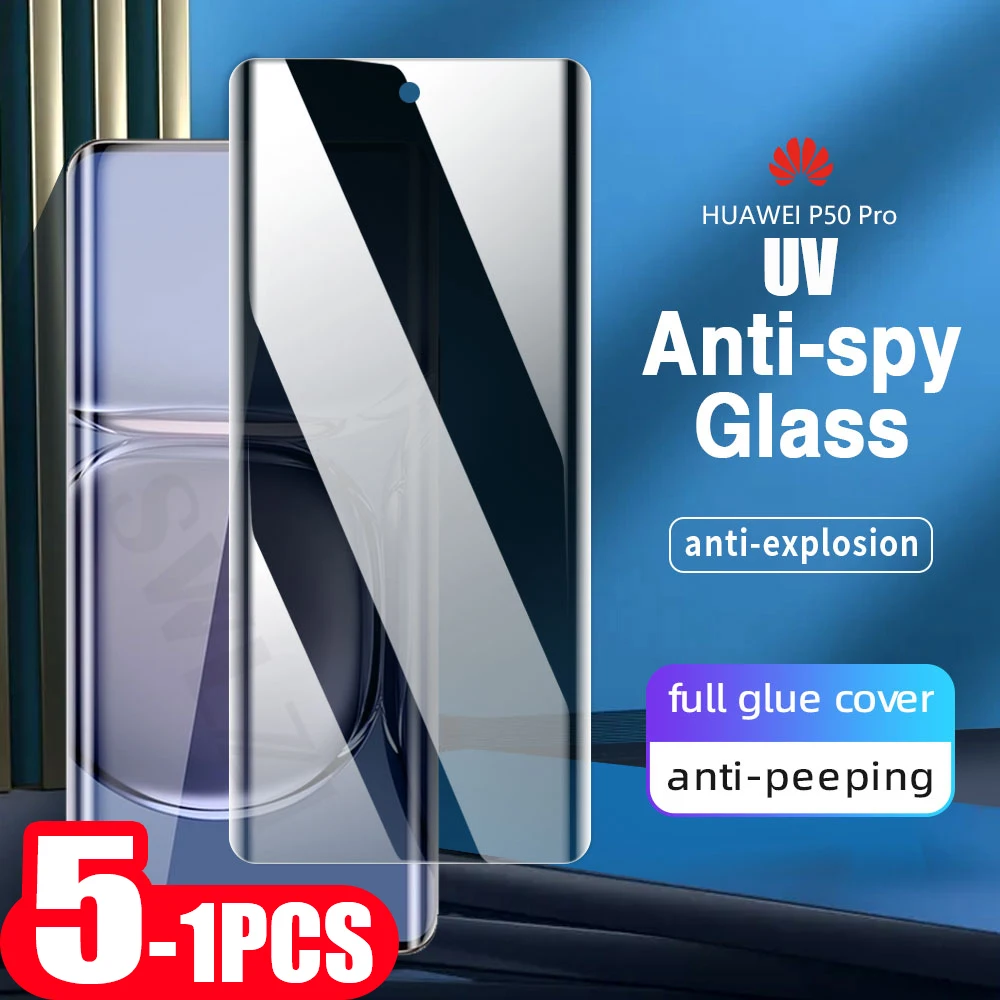 

5-1Pcs UV anti-spy Glass For Huawei p50 p40 pro plus 9D phone screen protector P30 pro UV Privacy Tempered glass protective film