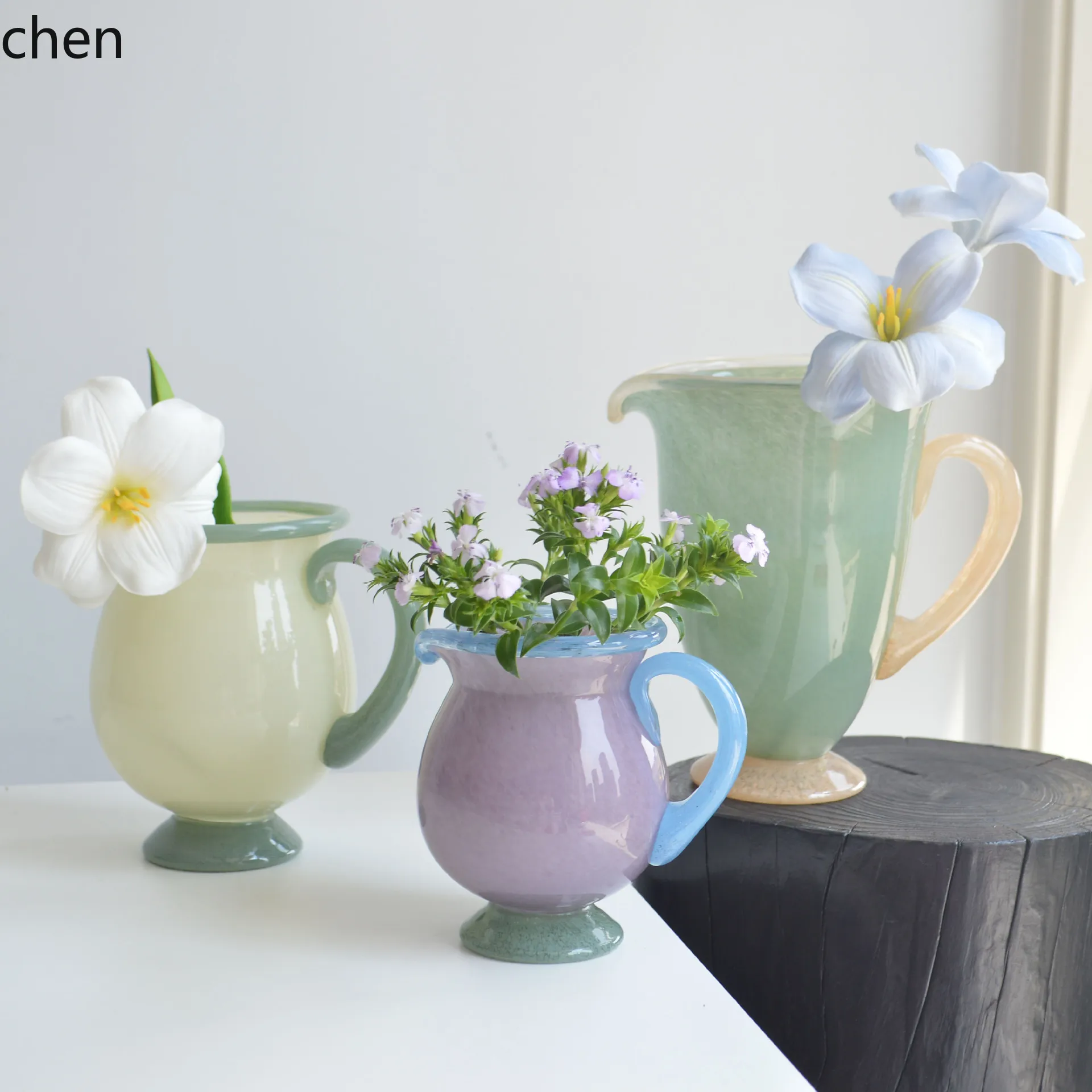 YFY  home color block jade-like glazed vase french style flower arrangement living room home decoration