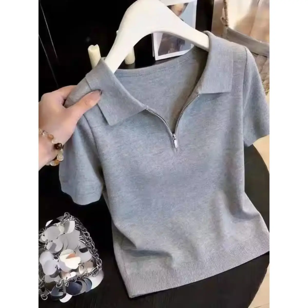Trendy Korean Style Grey Zipper Neck Ice Silk Short Sleeve Women's Knitted Top Soft Casual Summer Fashion
