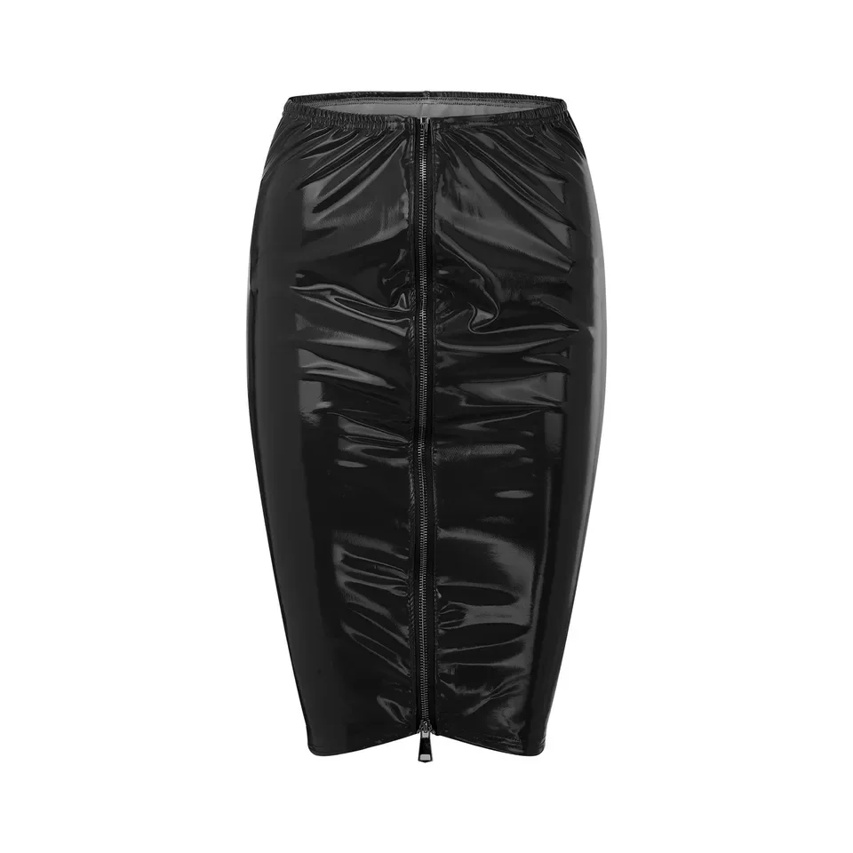 

Maternity Skirts With Belly Panel Shiny Pu Leather High Waist Skirt Tight Pack Zipper Slit Skirt Elastic Skirts For Women 치마