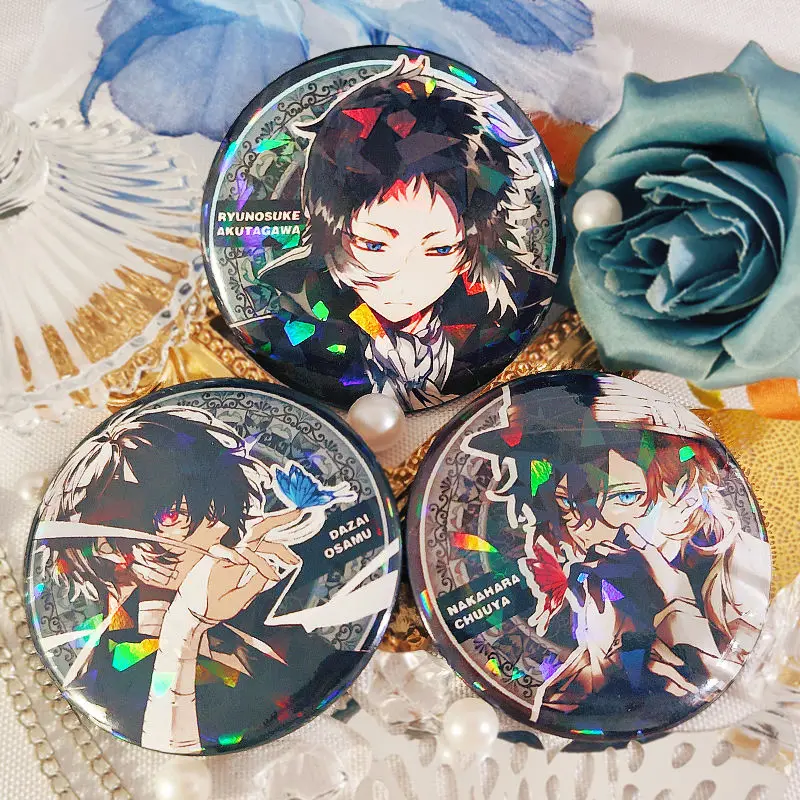 Bungo Stray Dogs Anime Figure, Dazai Osamu Nakajima Atsushi Nakahara Chuya rick Print Pins, Circular Laser Danemark ge Decoration