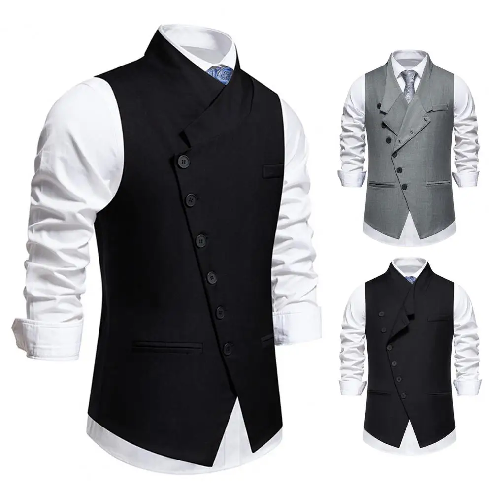 Button Decoration Waistcoat Men\'s Slim Fit Sleeveless Wedding Waistcoat with Sloping Lapel Collar Single Breasted for Party