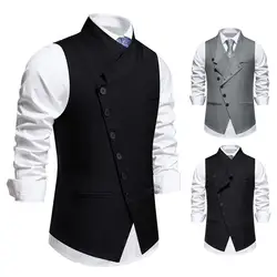 Button Decoration Waistcoat Men's Slim Fit Sleeveless Wedding Waistcoat with Sloping Lapel Collar Single Breasted for Party