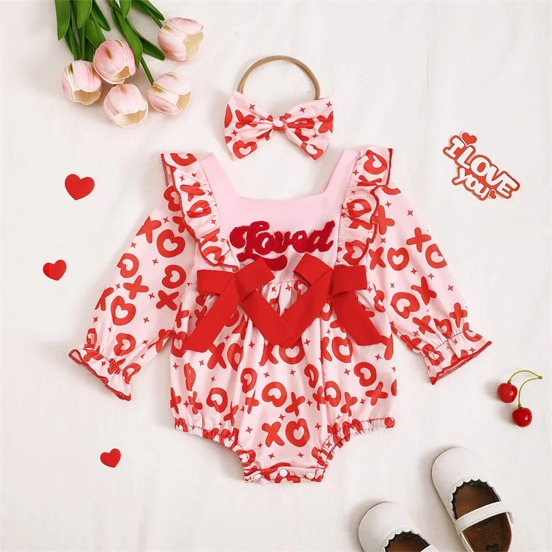 Baby Girl Valentines Day Romper Letter Embroidery Ruffle Trim Long Sleeve Bodysuit with Bow Headband 2 Pcs Outfit