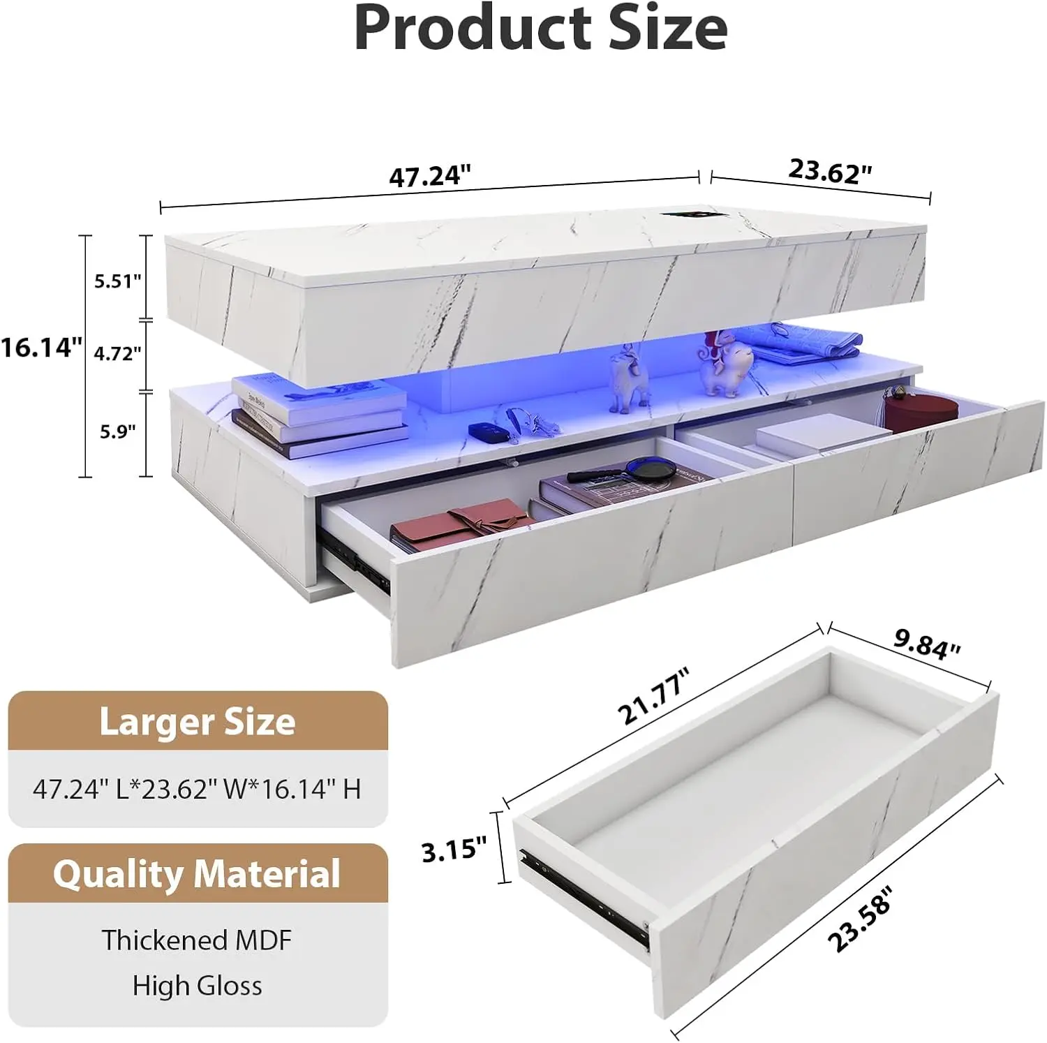 47Inch High Glossy Led Coffee Table With Wireless Charging And Speaker, Modern Coffee Table With 2 Sliding Drawers,