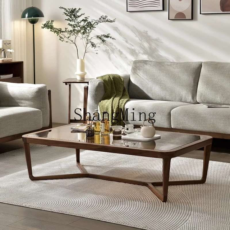 

LXY black walnut tempered glass large coffee table rectangular solid wood furniture