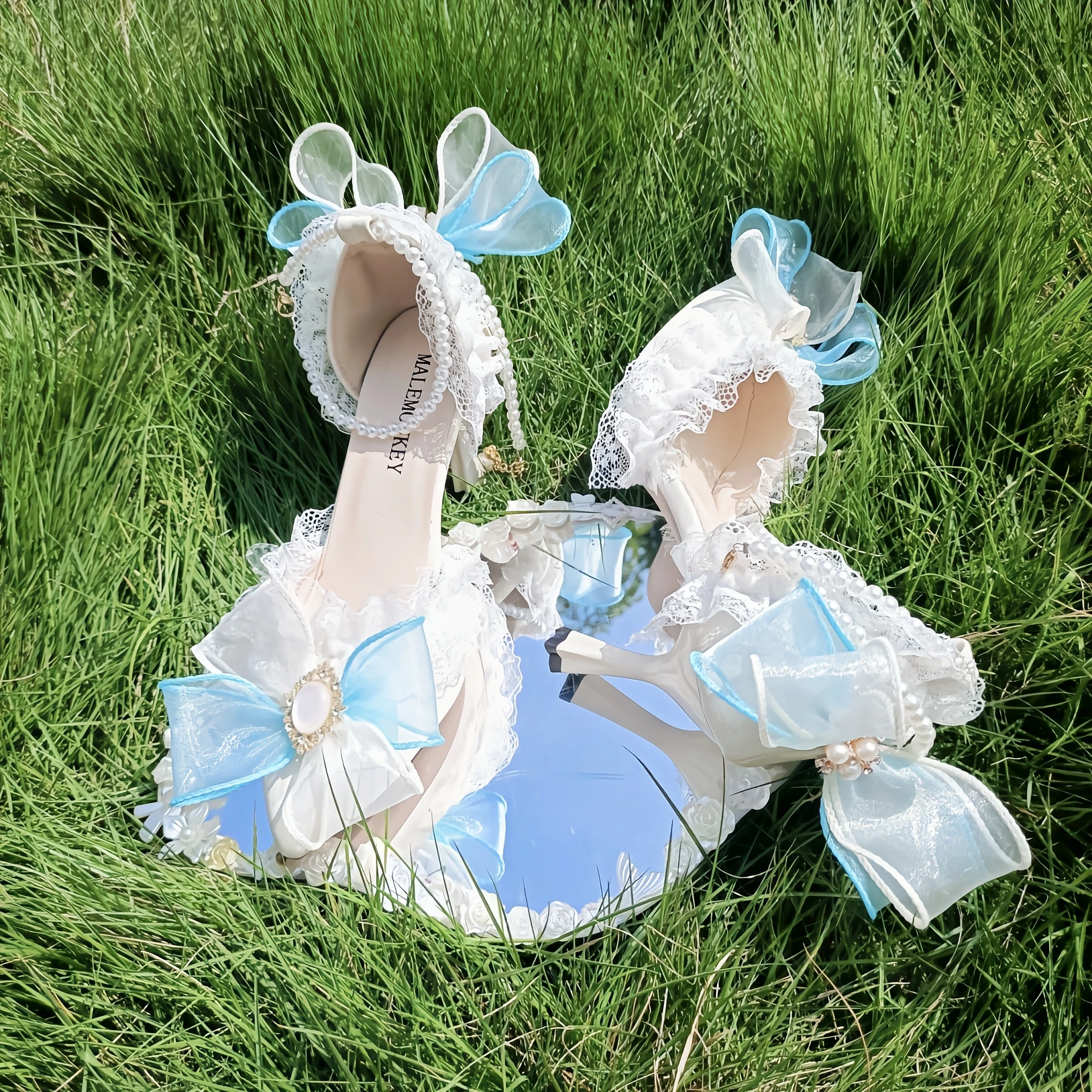 Original Lolita High Heels Thin Heels Blue Lolita Pearl Super Fairy Clover Birthday Adult Gift Cute Single Shoes For Women