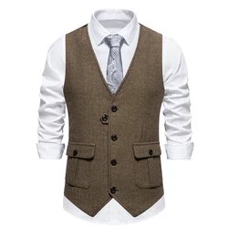 British Style Retro Vest For Men Fashion Herringbone Coarse Tweed Pockets Suit Vest Male Waistcoat Vintage Gentleman Business