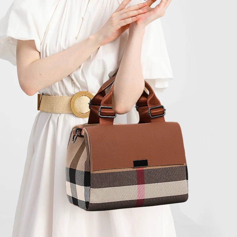 

Ladies' Leather Canvas Tote Bag with Plaid Pattern, Retro Preppy Style, Flip-Top Design, Convertible Shoulder/Crossbody Messenge