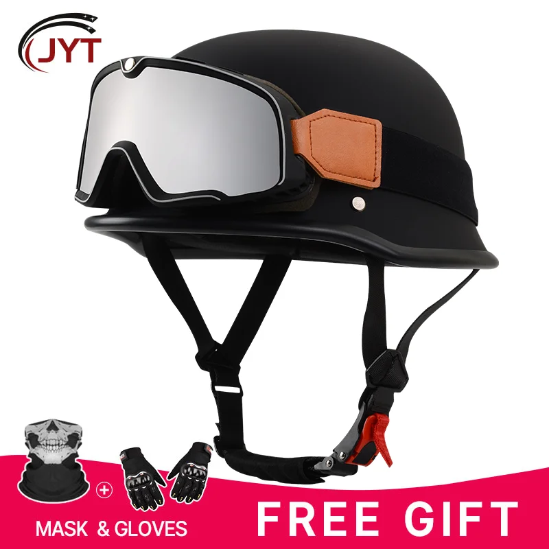 Casco de seguridad de fibra de vidrio para motocicleta, ciclomotor, Scooter, media cara, gorra de calavera para hombres, Media carcasa con gafas DOT