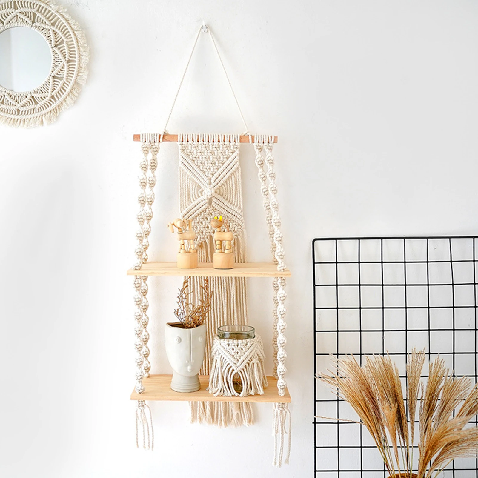 

Macrame Wall Hanging Shelf 2 Tier Cotton Rope Woven Tassel Tapestry Wooden Plant Pot Shelves Floating Rack Wall Decor