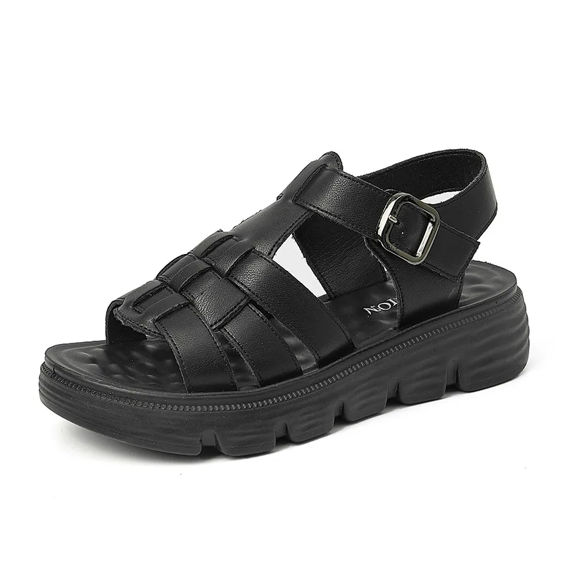 Summer Ladies Sandals Breathable Female Retro Platform Sandals Women's Fashion Flats Shoes 2023 New Woman Leather Hole Shoes