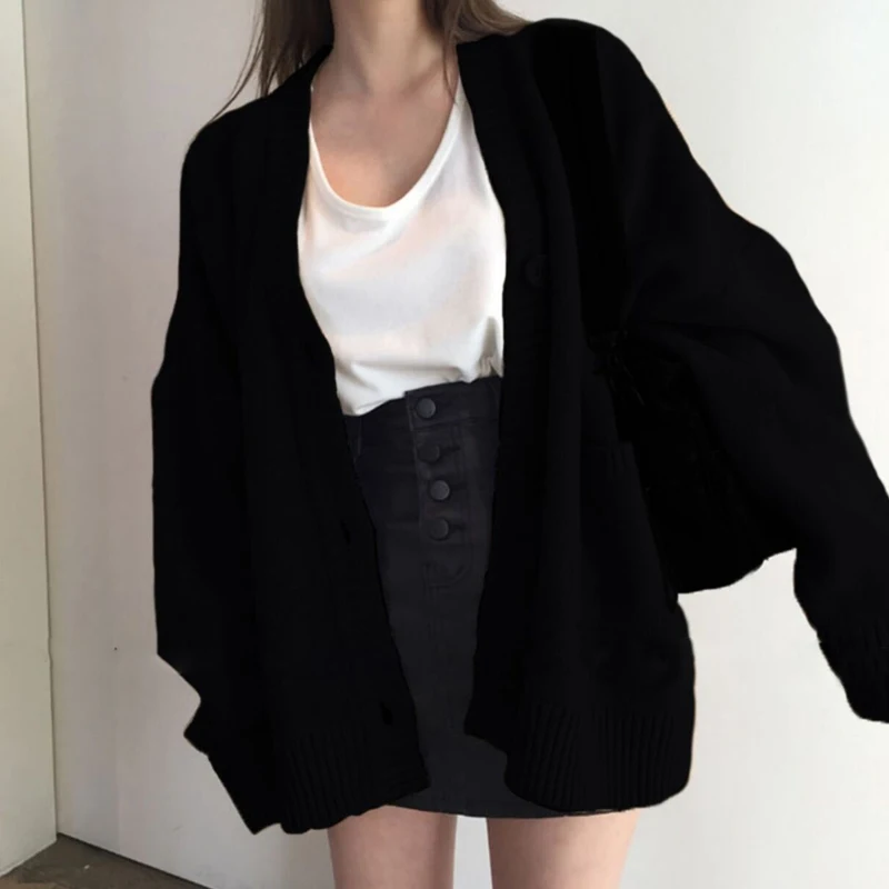 Autumn clothes Outdoor Top Navy Blue Knit cardigan Loose Outer Wear Khaki Idle Sle Black Sweater Outerwear Women