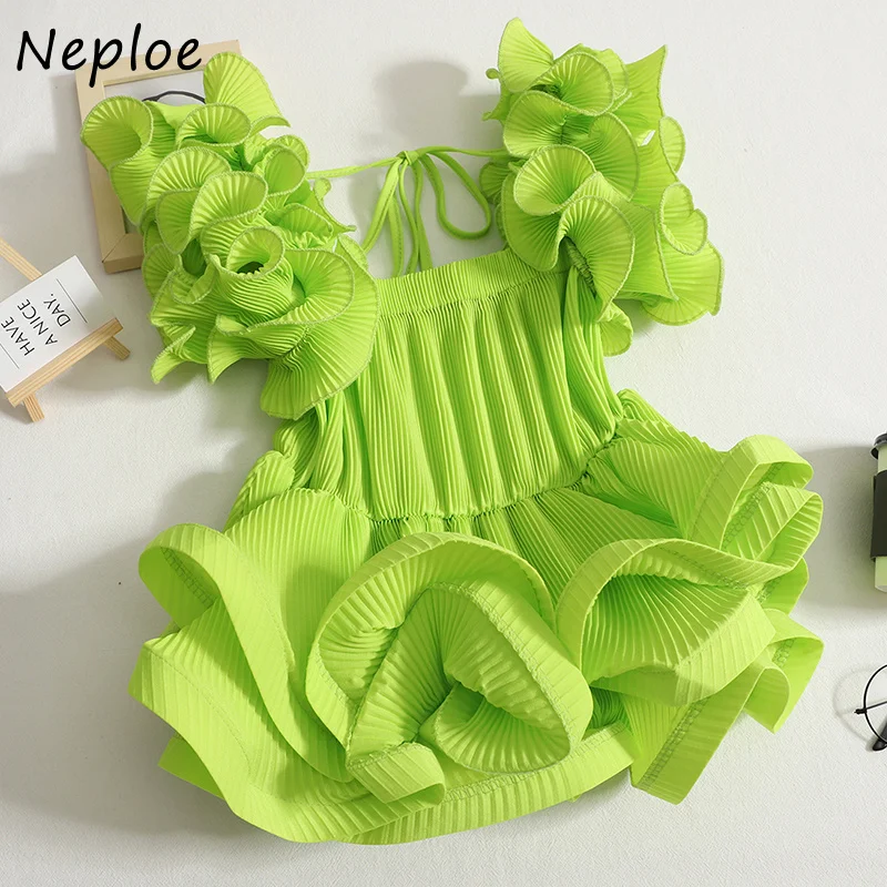 

Neploe Design Sense Shirt Femme Ruffled Pleated Blousa 2023 Summer New Solid Color Square Collar Off-Shoulder Trend Blouses