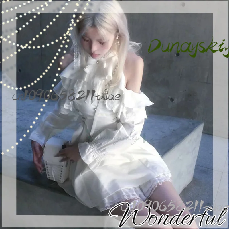 

New 2025 Women White Off-the-shoulder High Waist Lace Design Dress Harajuku Fashion Outfits Women Girl Elegance Autumn Suit