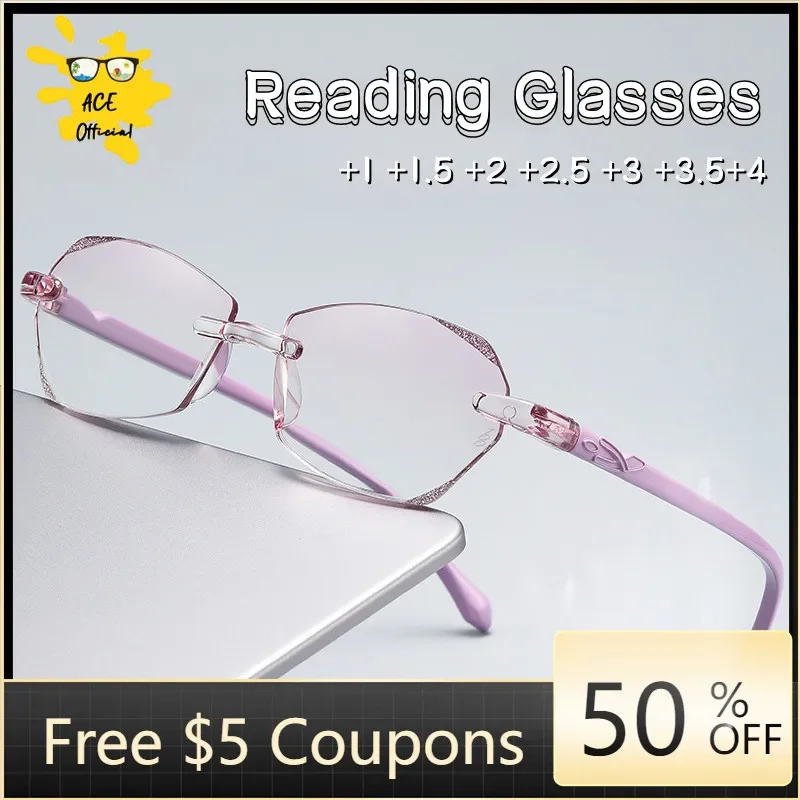 Luxury Diamond Cut Reading Glasses Women Rimless Anti Blue Light Eyeglasses Ladies Plus Prescription Eyewear Diopter 0 To +4.0