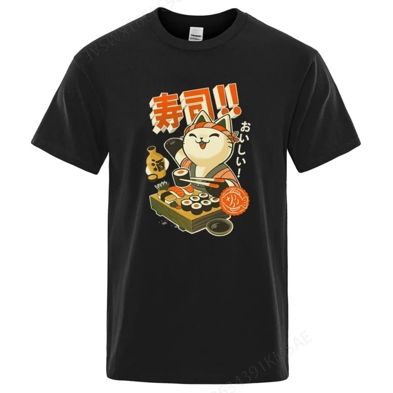 Japan Sushi Chef Cat Cartoons Men Tshirt Oversized Loose Clothes Street Cotton T Shirts Fashion T-Shirts Casual Brand Tshirt