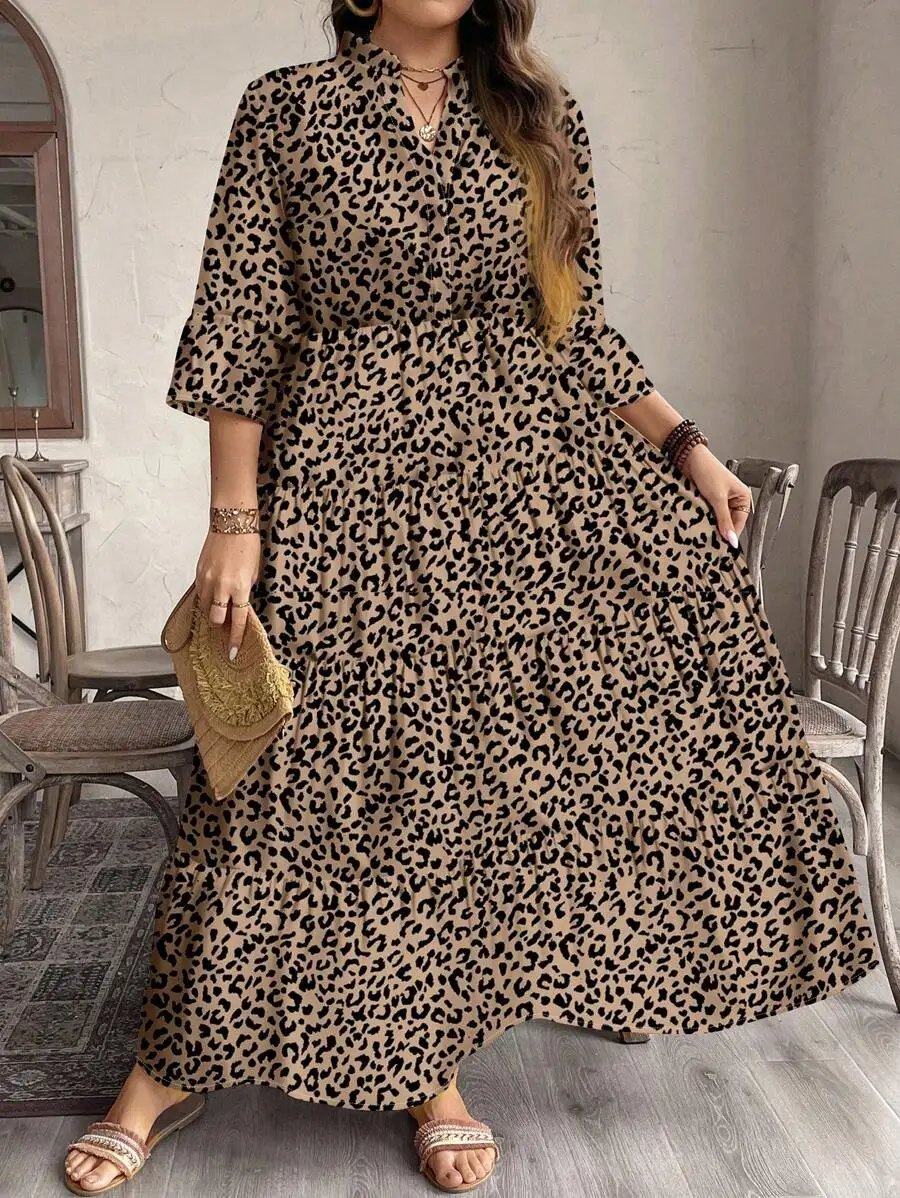 

Leopard Print Stand Collar 3/4 Sleeve Tiered Maxi Dress Loose Fit