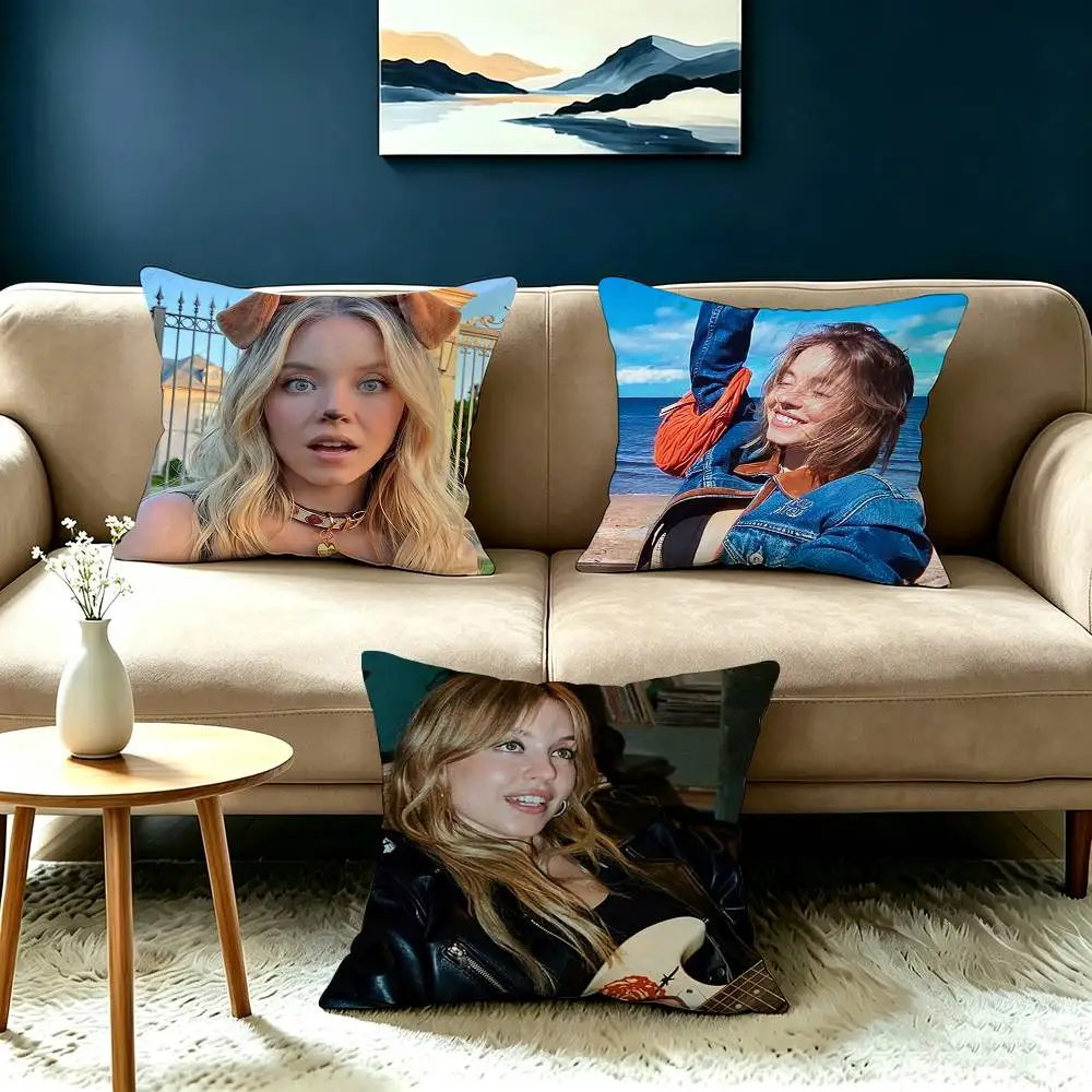 Famous Actress Sydney Sweeney Square Double-Sided printed Pillow Case Bedroom Bedside Pillow Sofa Cushion Cover