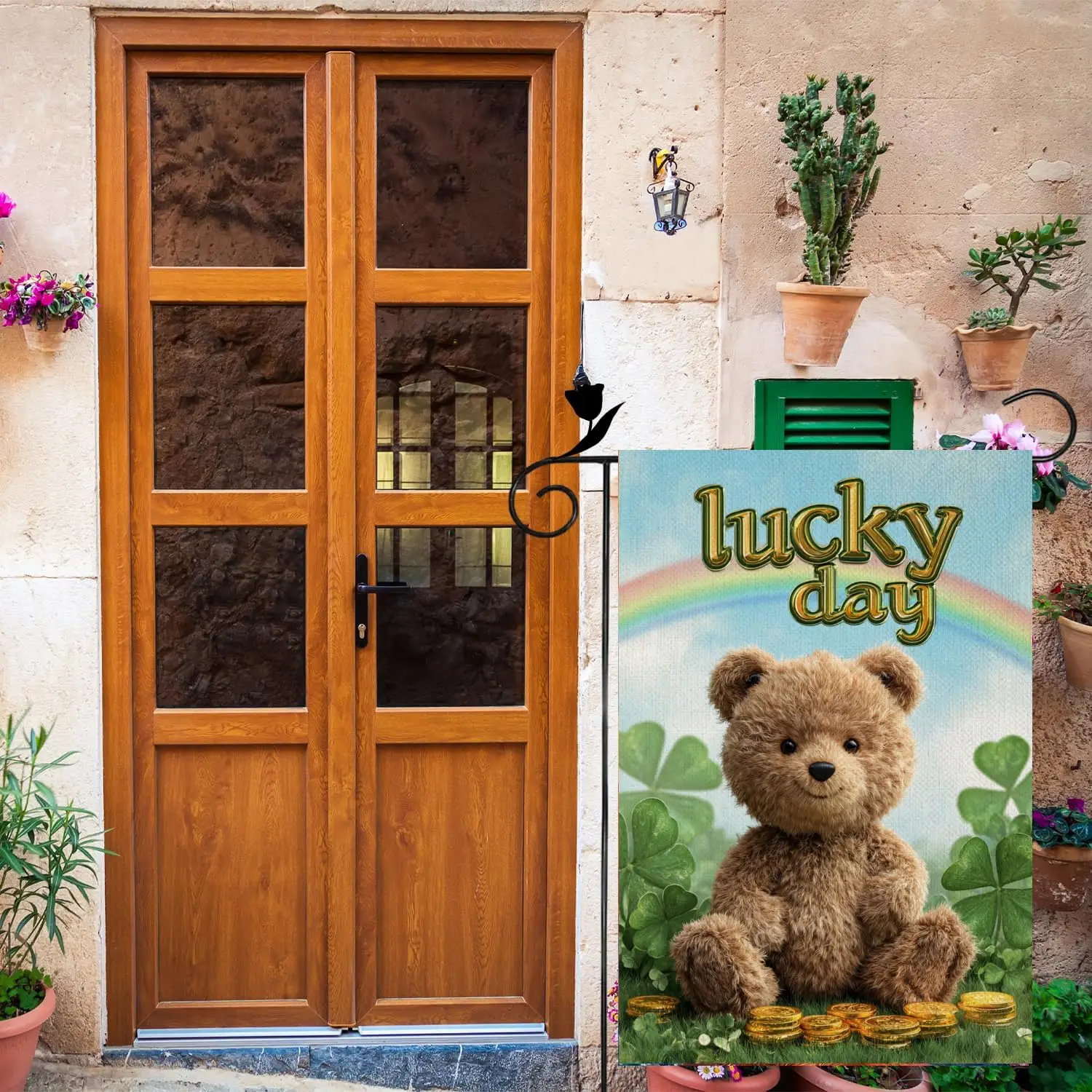 Ice ink Bear Lucky St Patricks Day Rainbow Garden Flag 12x18 Inch Linen Burlap Double Colorful Sided Yard Flag for House Hom PPM