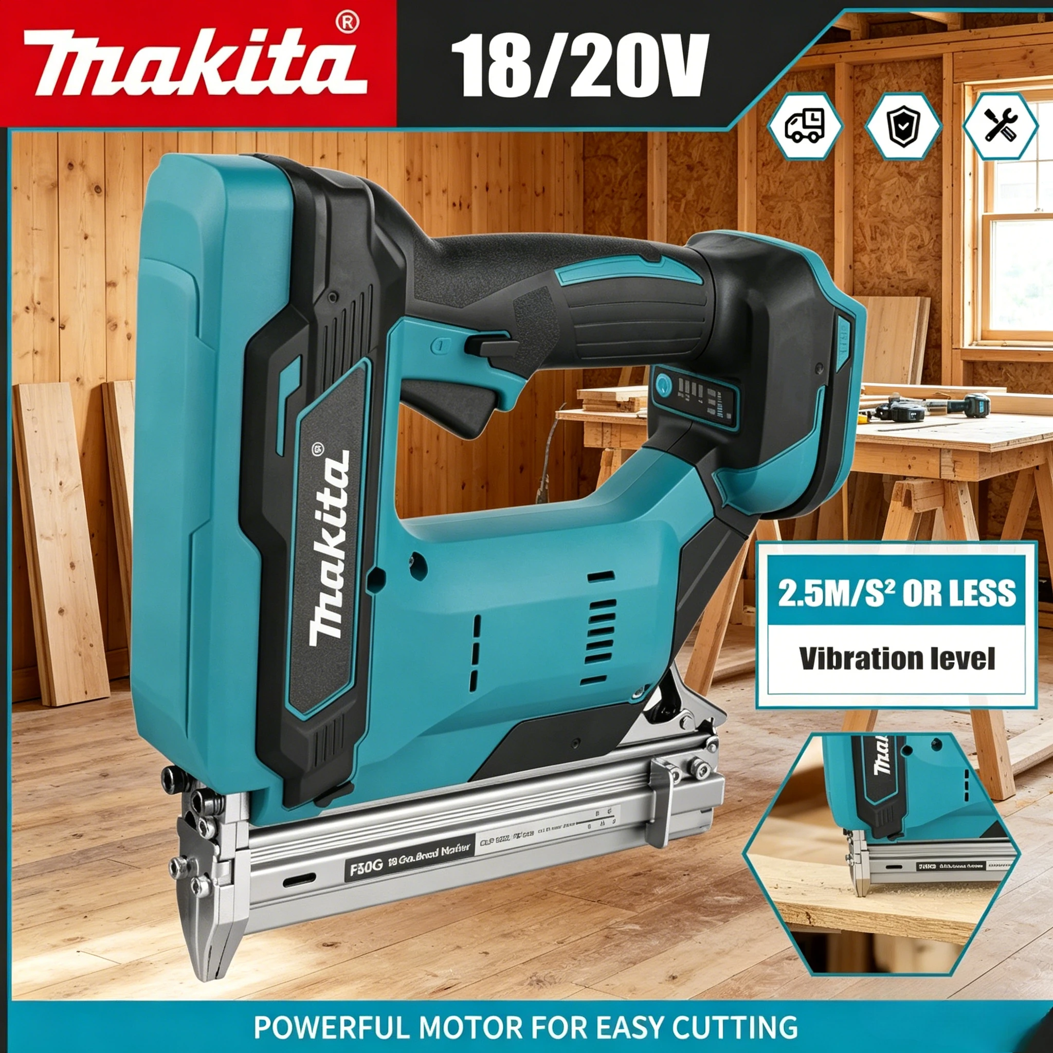

Аккумуляторный гвоздезабиватель Makita на 100 гвоздей, 18В, литий-ионный, 6.0Ач, идеально подходит для укладки напольных покрытий, монтажа полок и деревянных проектов своими руками