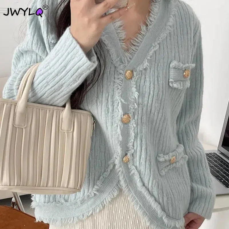 

V-neck Knitted Cardigan Coat Women 2023 Spring Autumn Jacket Short Sweater Overcoat Lady Single-breasted Loose Long Sleeve Tops