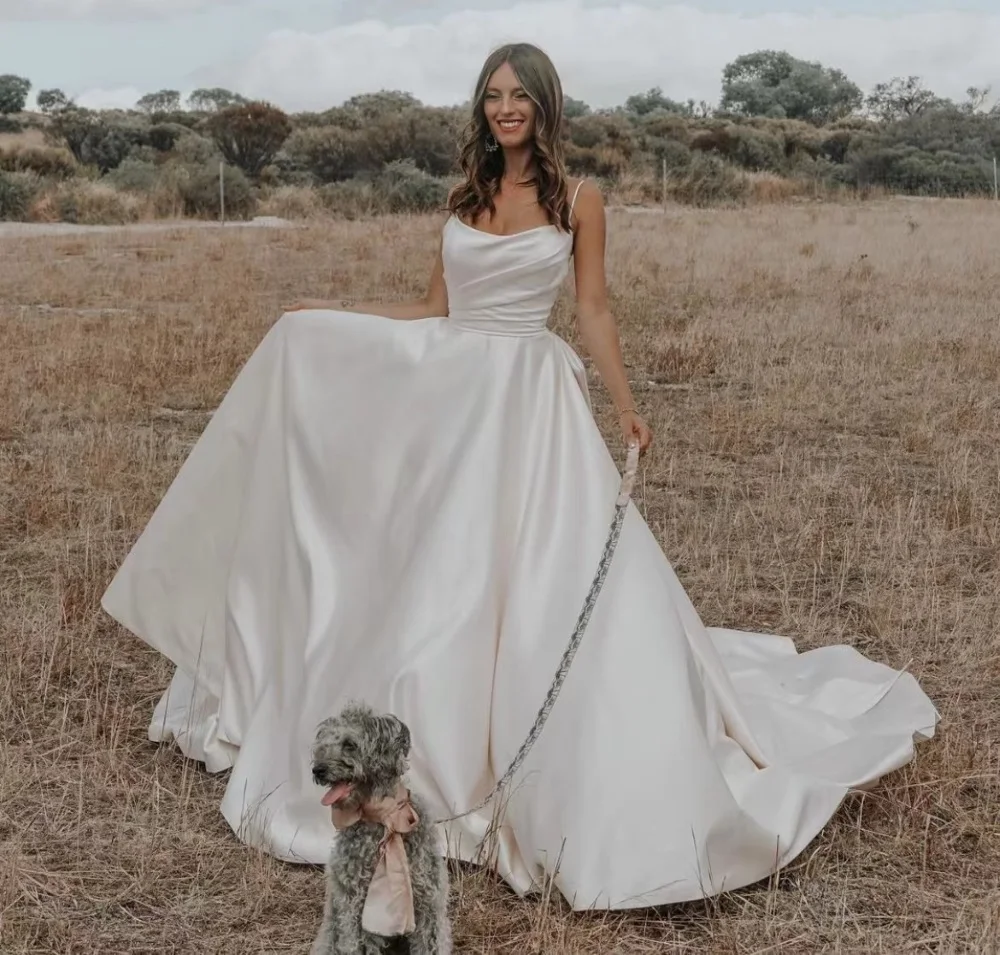 Sem mangas gola quadrada sexy botões vestido de casamento vestido de noiva boêmio simples a linha de cetim robe de mariée vestido de noiva