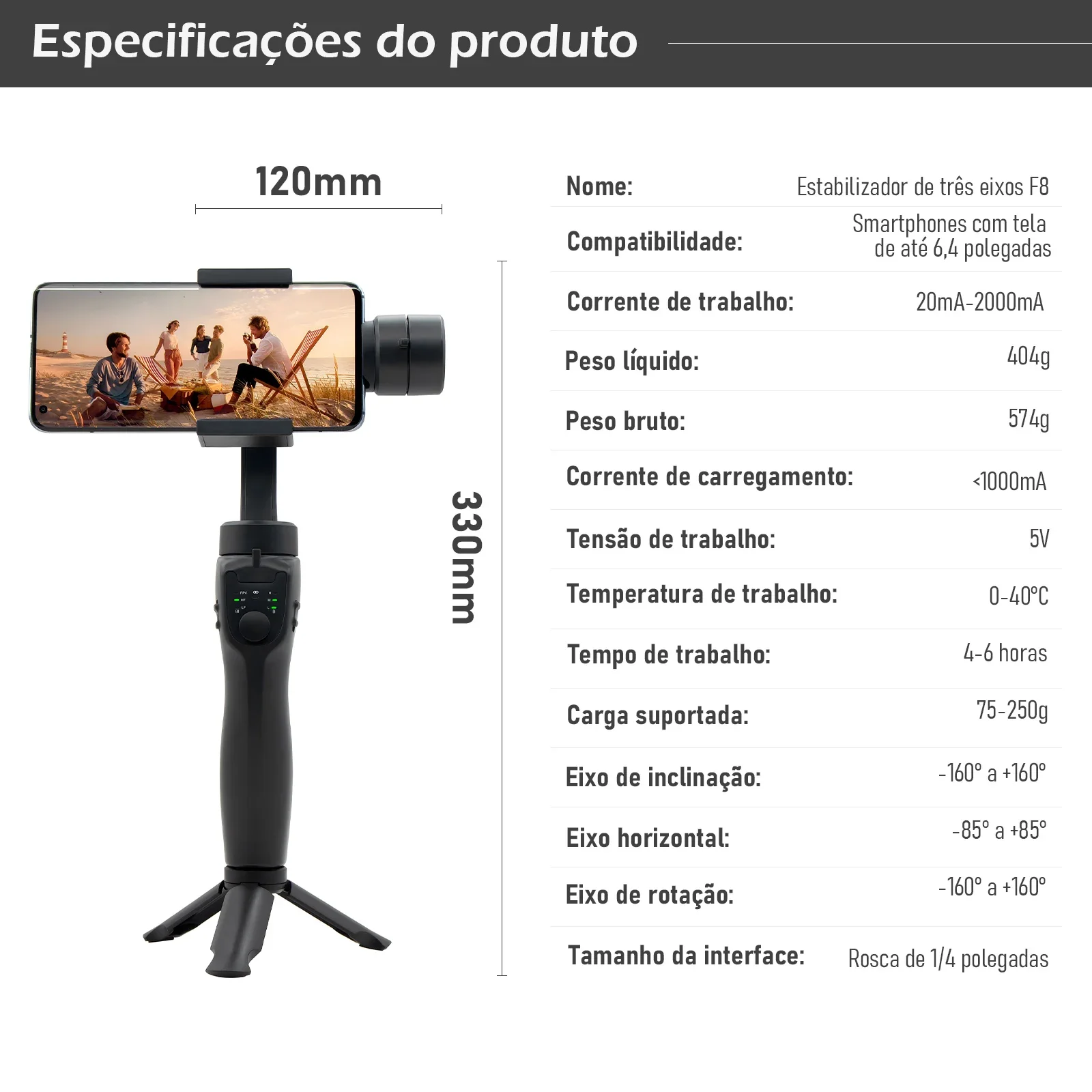 F8 Handheld 3-Axis Gimbal Suporte Do Telefone, Anti Shake, Estabilizador De Gravação De Vídeo, Xiaomi, iPhone, Celular, Smartphone