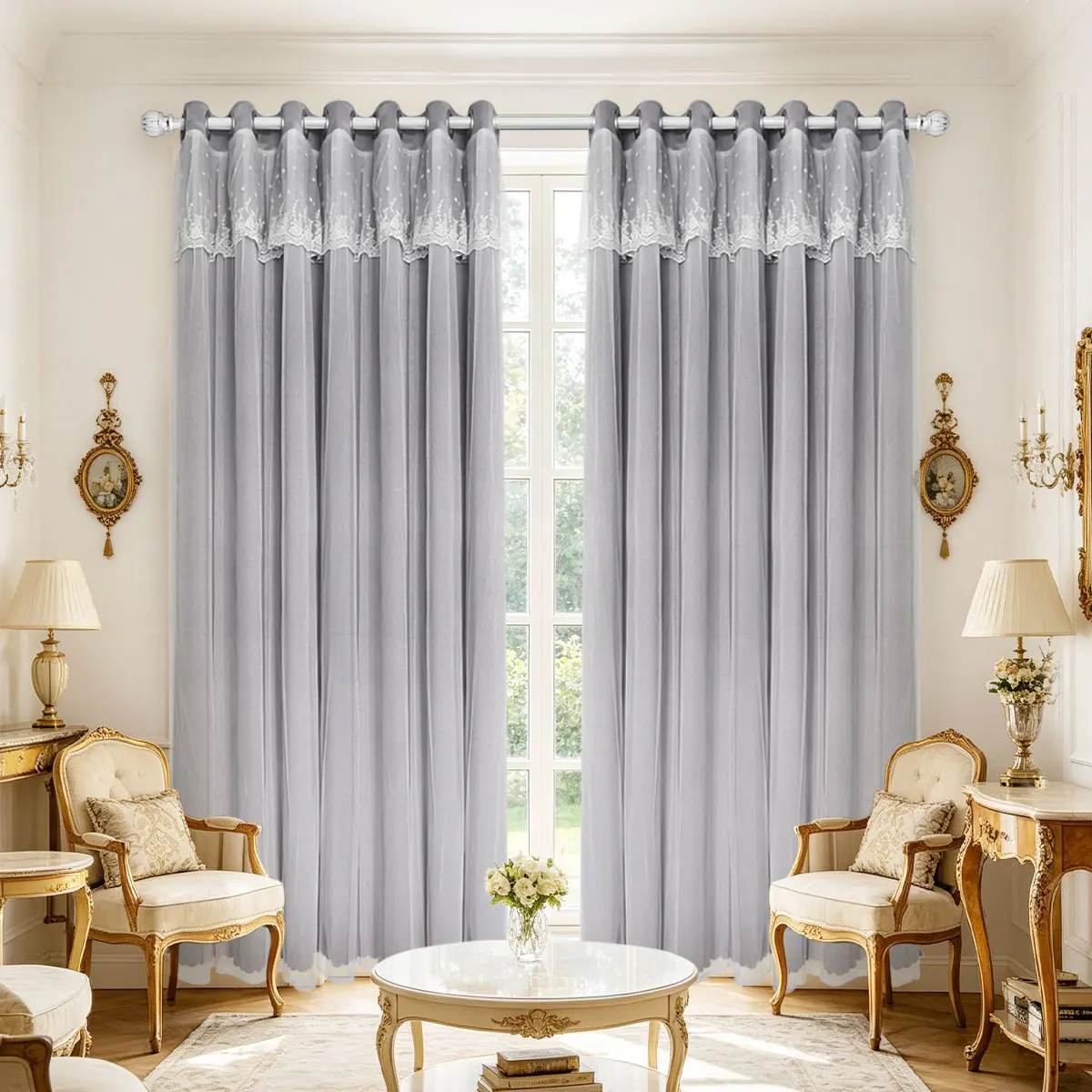 Light Gray Double Layer Lace Grommet Curtains, Sheer Light Filter Drapes for Minimalist French Neutral Bedroom Home Decor