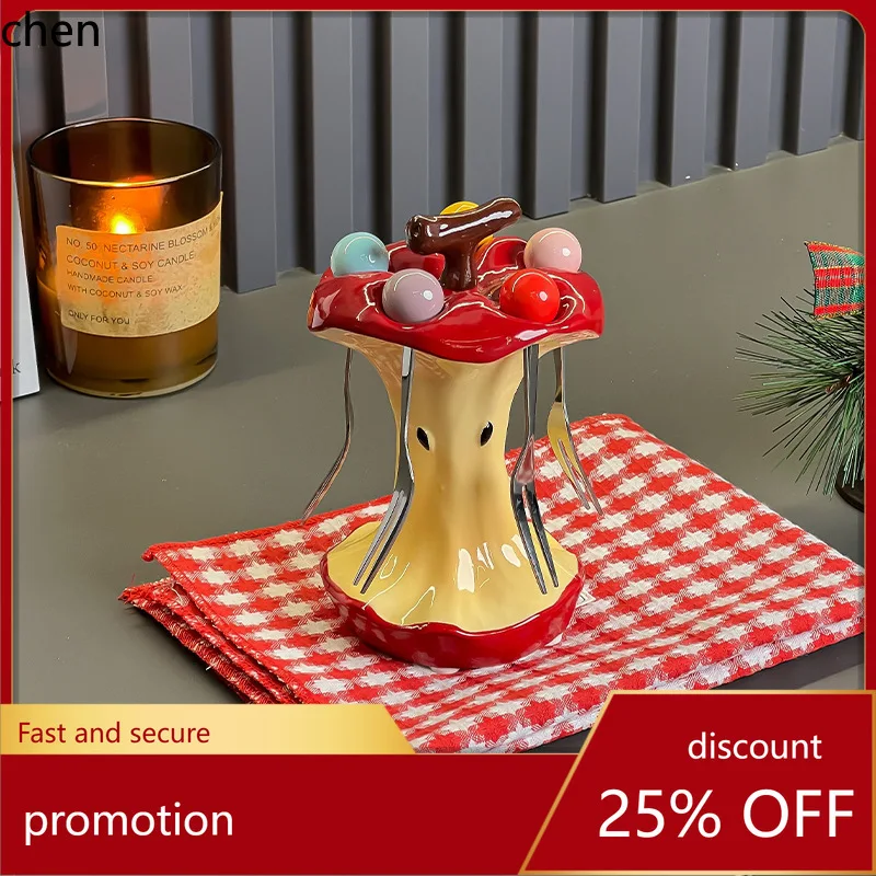 

YFY apple fruit fork set - cute dessert serving set with stainless steel fruit picks and storage jar for home use