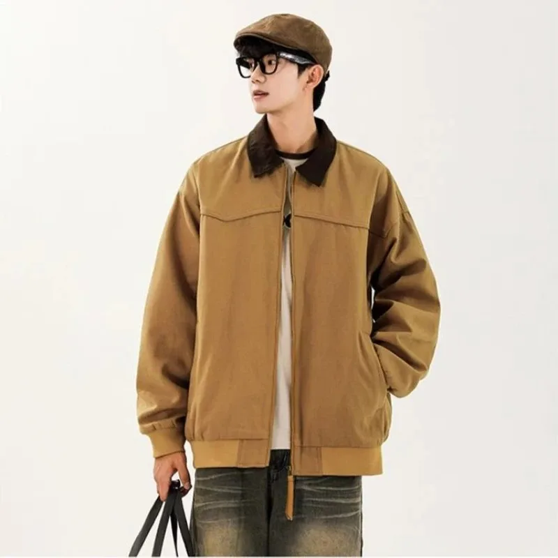 

Tooling Jacket Mens New Harajuku Trend Color Blocking Lapel Loose Coats Pockets Zipper Retro Outwear Unisex Casual Outerwear