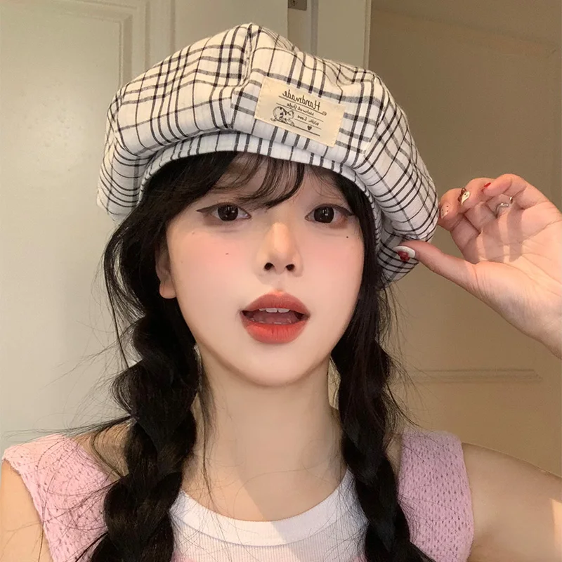 

Korean Version Plaid Patch Design Beret Women's Spring Summer Outdoor Versatile Thin Big Head Octagonal Painter Hat Casquette