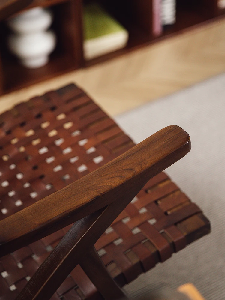 كرسي هزاز من الخشب الصلب للمنزل ، كرسي بذراعين من جلد البقر الساج ، غرفة معيشة ، صالة ، شرفة ، منزل #5