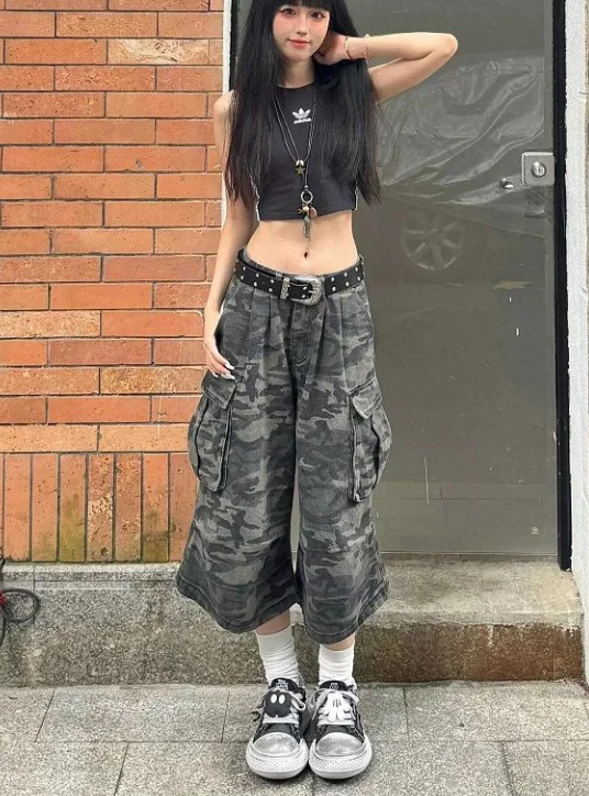 Camouflage Pants For Men Or Women, Summer Loose Straight Leg Camo Calf-Length Pants