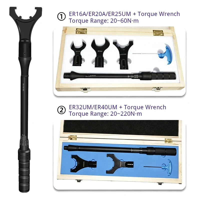 Interchangeable Head ER Torque Wrench Set - Extended Tool Holder Nut Wrench Set including ER16A ER20A ER25UM ER32UM ER40UM