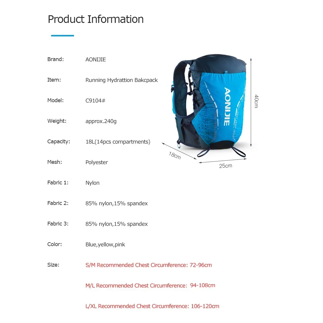 AONIJIE C9104S Black Ultra Vest 18L Hydration Backpack Pack Bag Soft Water Bottle Flask For Trail Running Marathon Race