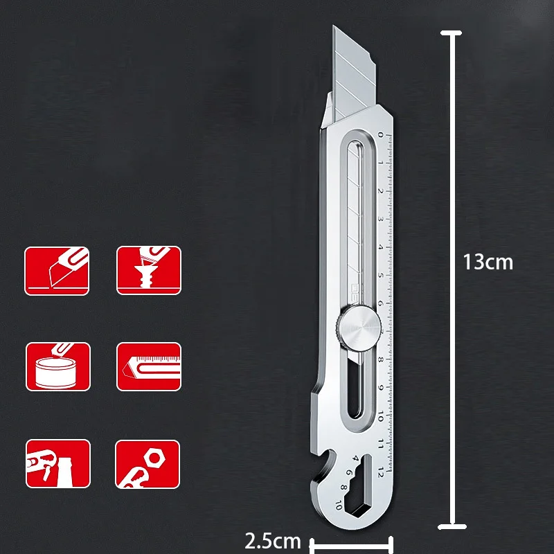 Cuchillo multifuncional 6 en 1 de acero inoxidable, cortador de caja de papel tapiz, abrebotellas, regla de tornillo