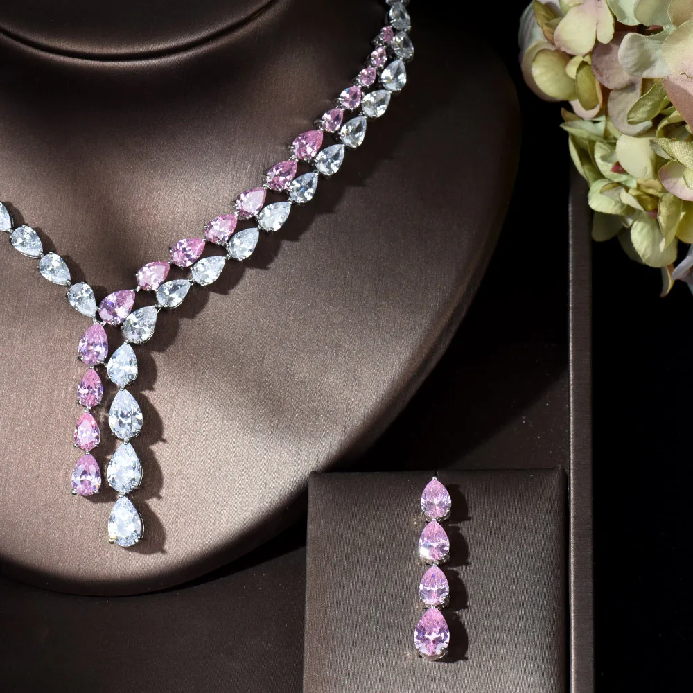 HIBRIDE Clear Best Quality Brilliant Crystal Zircoina Earrings And Necklace Bridal Jewelry Set Wedding Dress Accessories N-1453